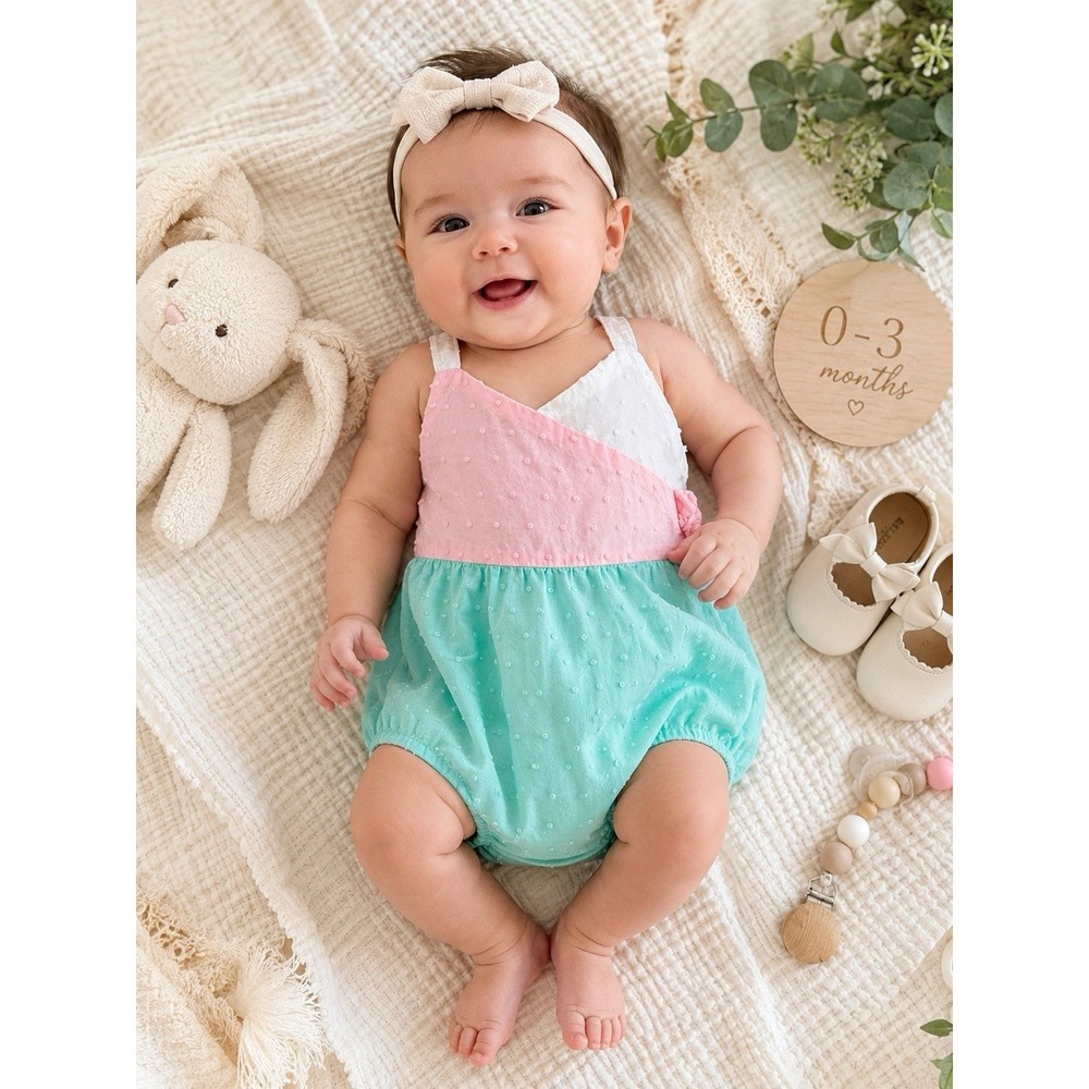 Dylan & Abby Color-blocked Bubble Romper‎ White/Pink/Mint Clip Dot Sz 0-3M